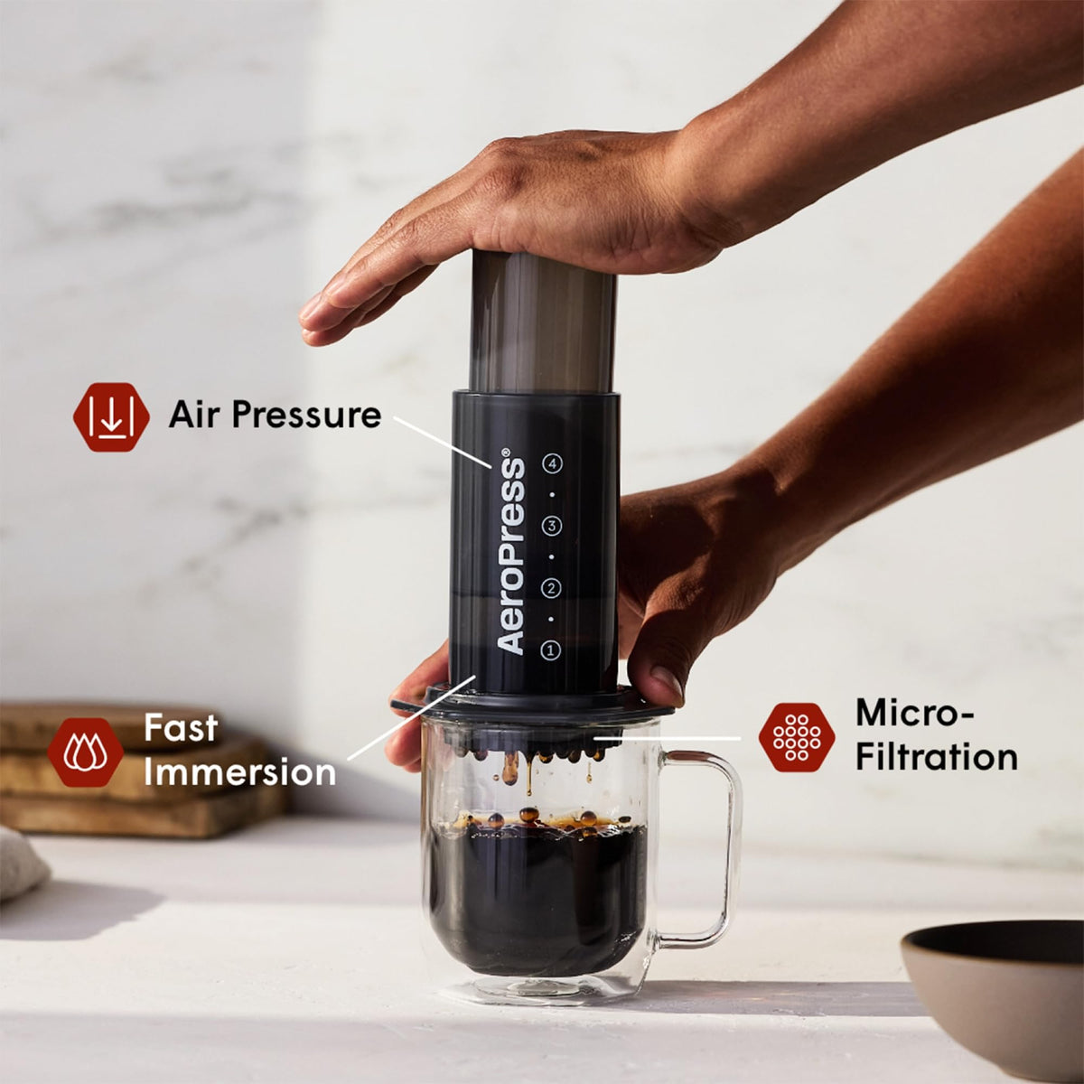 AeroPress Original plunger enabling rapid extraction for a clean cup.
