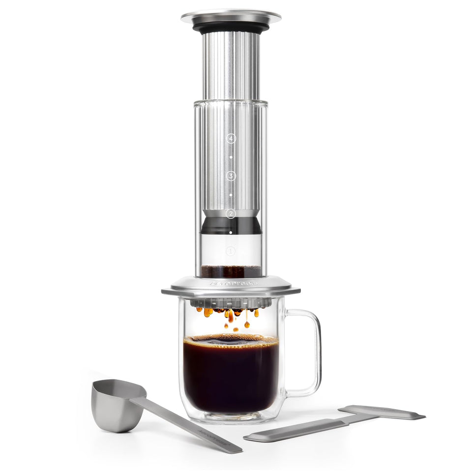 AeroPress Premium glass chamber with a clear view of a smooth brew and steady heat.