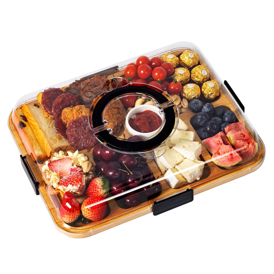 Aertyzeen charcuterie board with clear lid keeps snacks visible and protected.