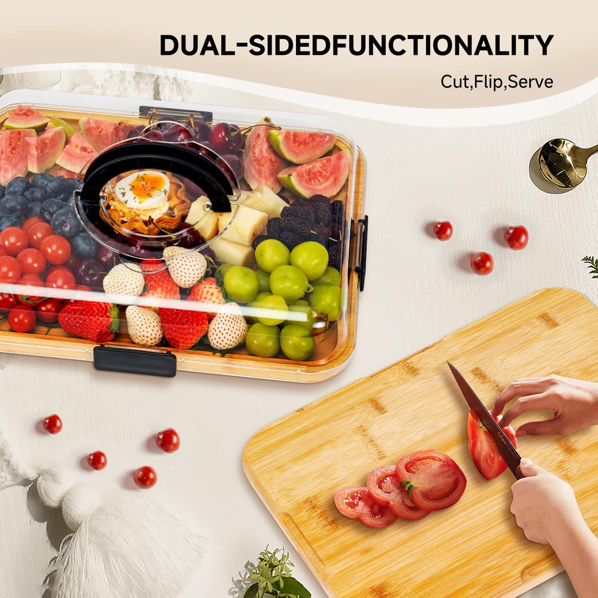 Aertyzeen reversible board offers prep and serve on one surface.