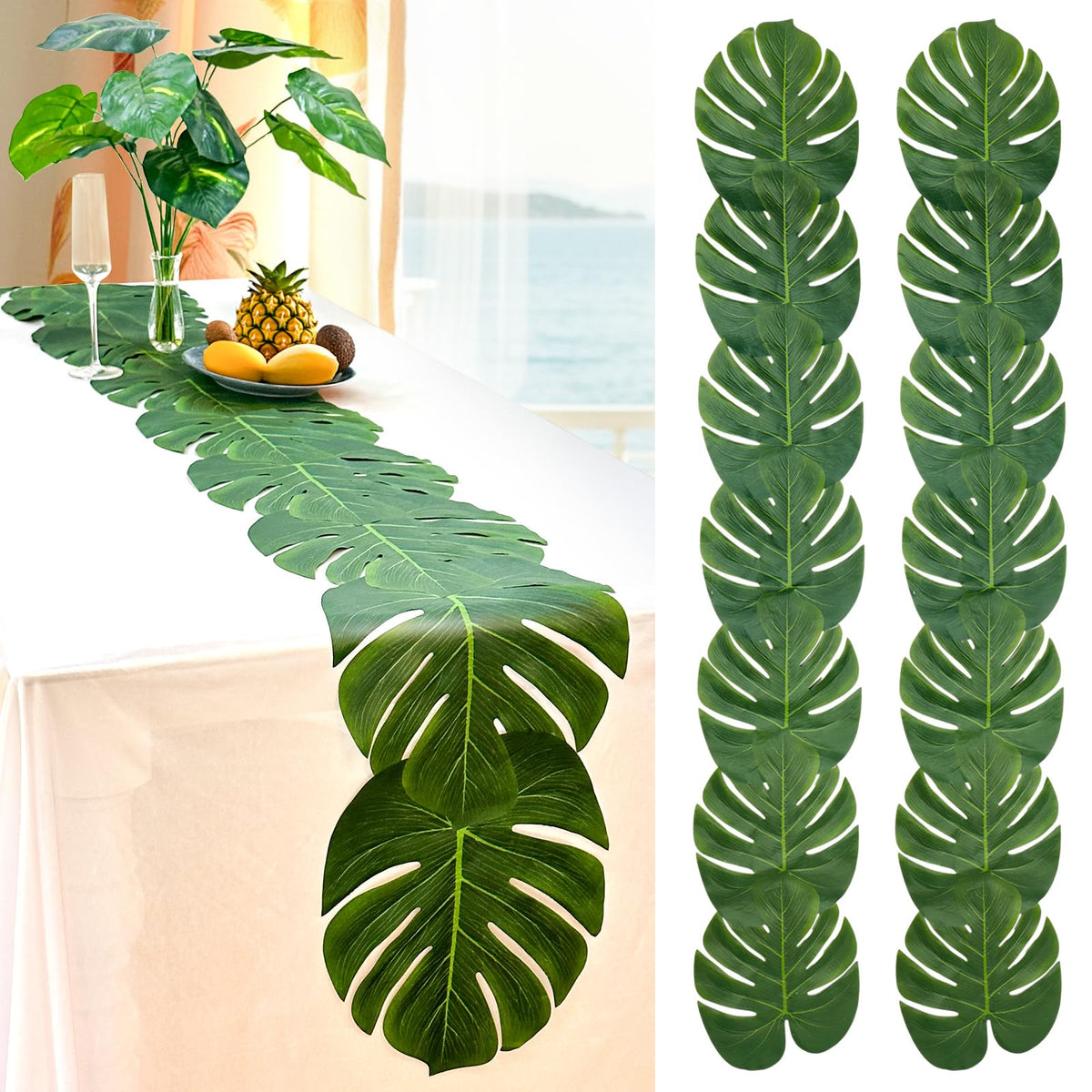 AerWo artificial palm leaves table runner with lush green fronds for tropical weddings