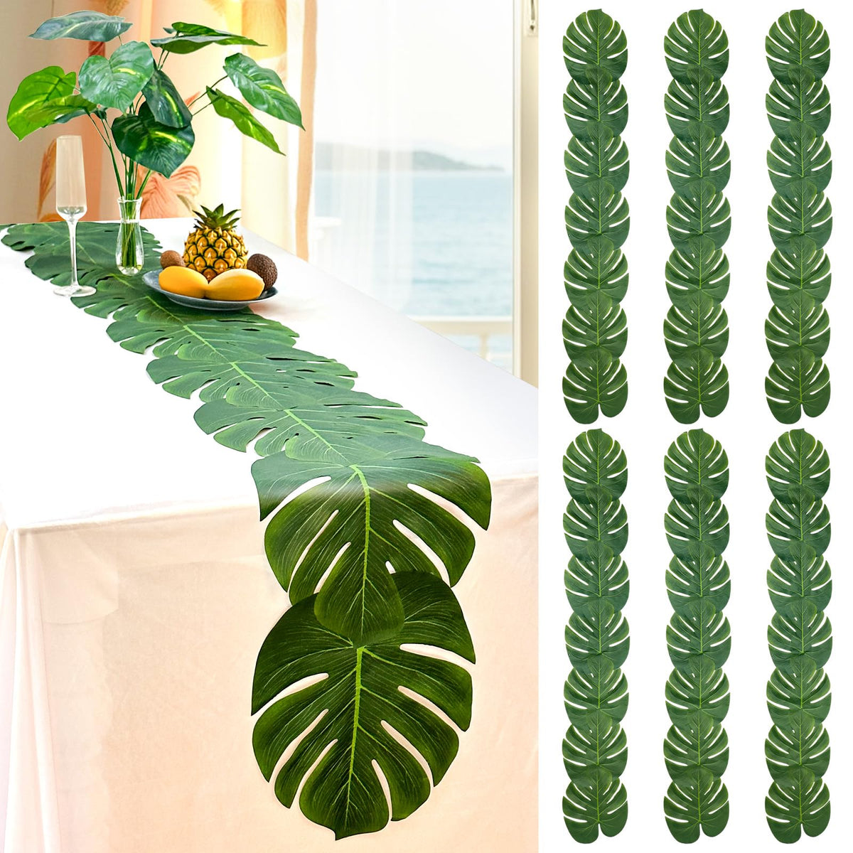 AerWo artificial palm leaves table runner 72in adds tropical ambiance for weddings.