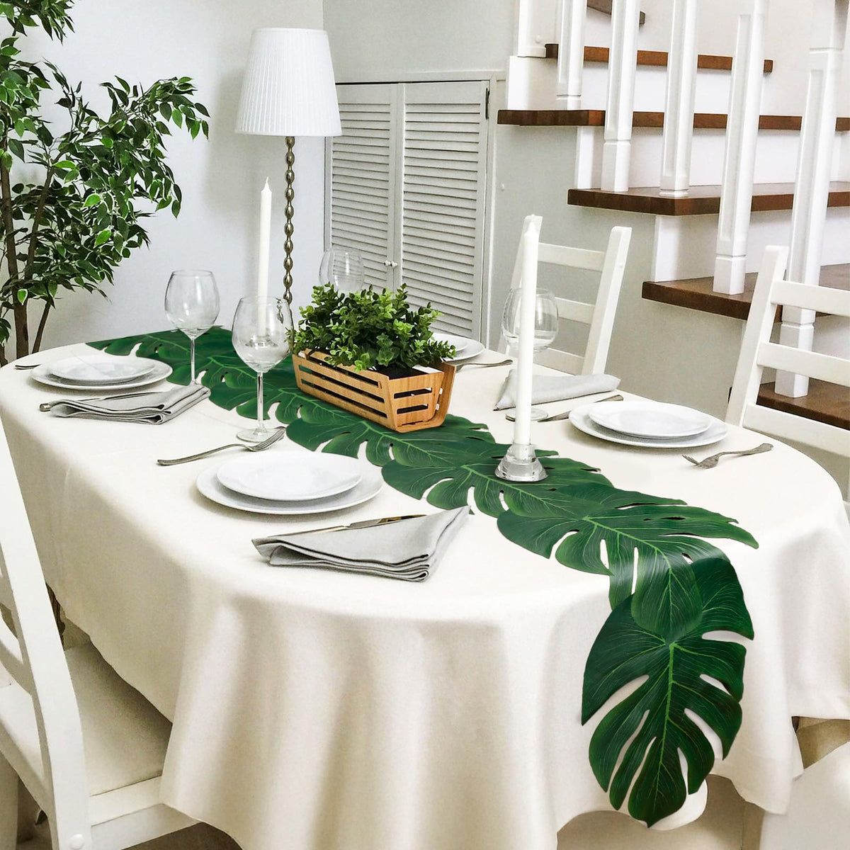 AerWo green palm leaves textile runner, easy to wipe clean for repeated events