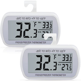 AEVETE 2-pack waterproof digital refrigerator thermometer with clear readings for reliable fridge monitoring.