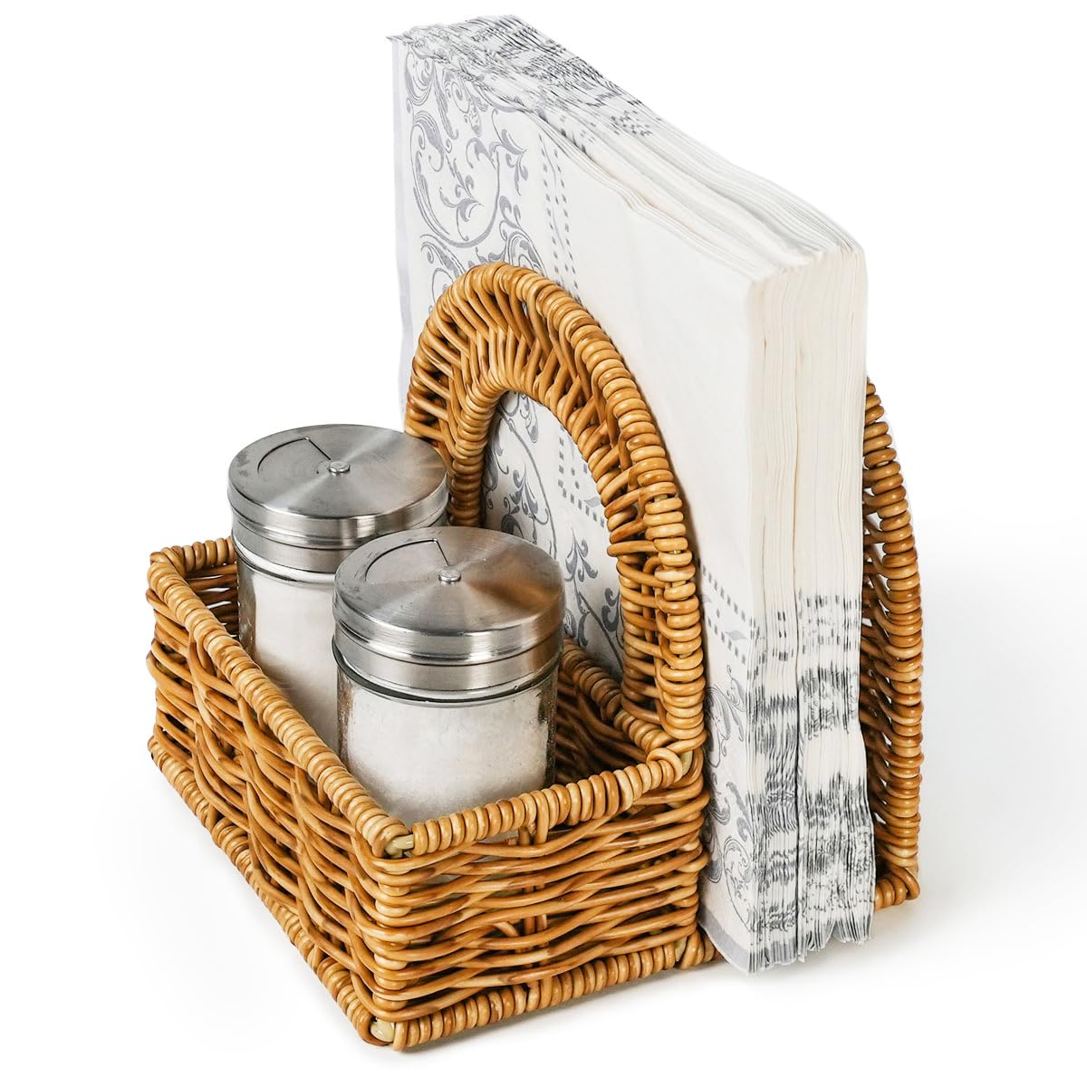 Aevtih napkin holder with rattan style keeps napkins within easy reach.