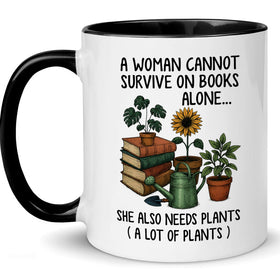 Affordali book and plant lover mug design featuring stacked books and greenery for cozy reading sessions.