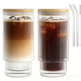 AFINSEA 16oz ribbed glass cup with lid and straw for iced coffee