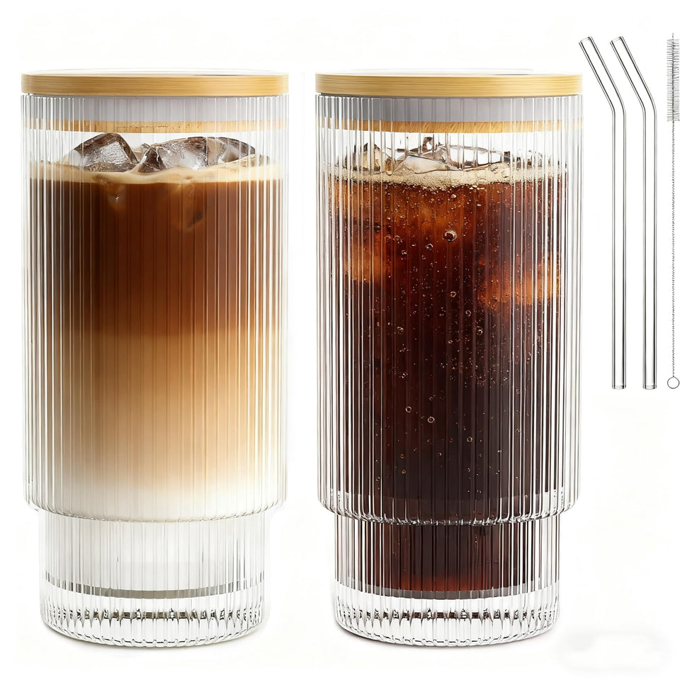 AFINSEA 16oz ribbed glass cup with lid and straw for iced coffee