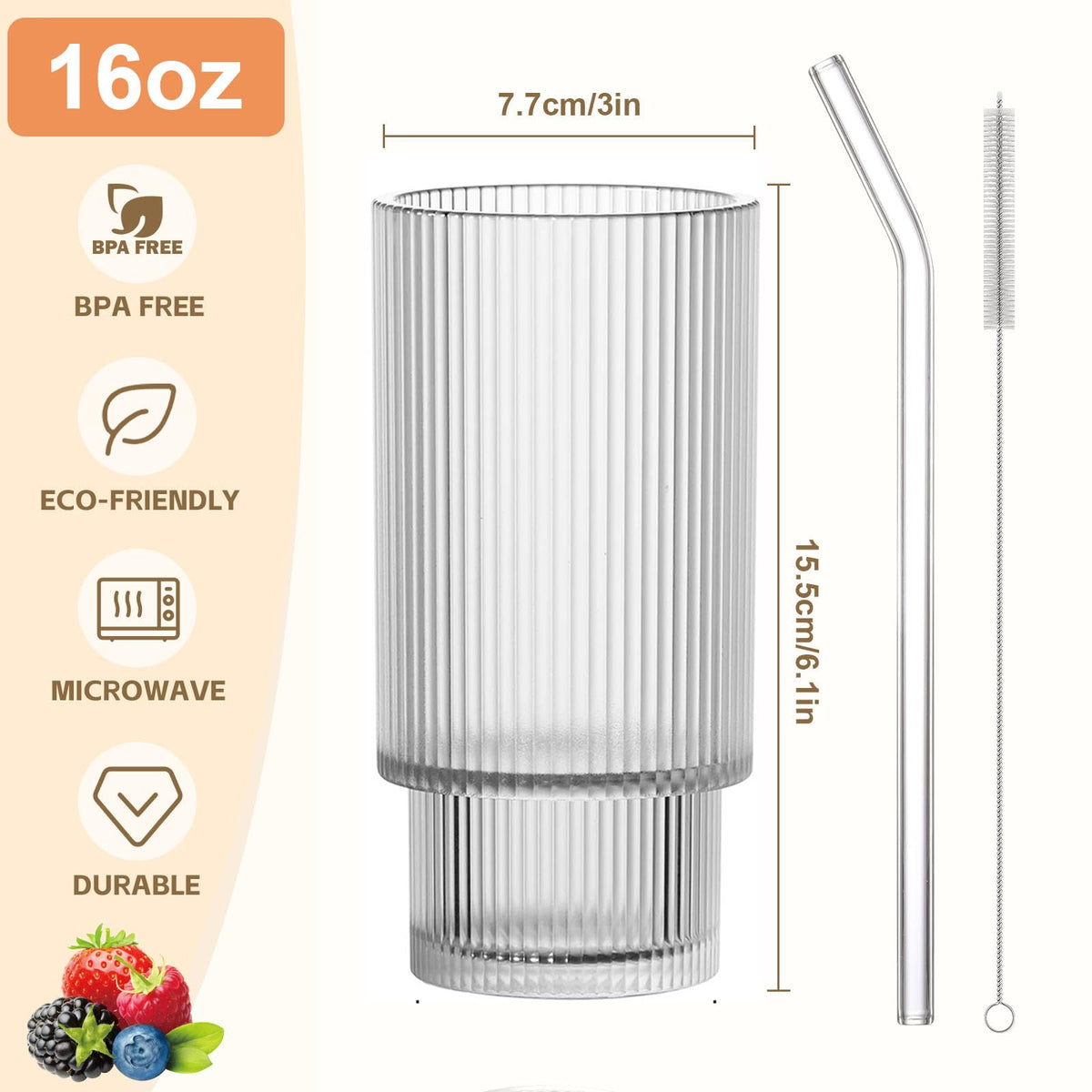 Two-pack of AFINSEA ribbed glass cups stacked for storage