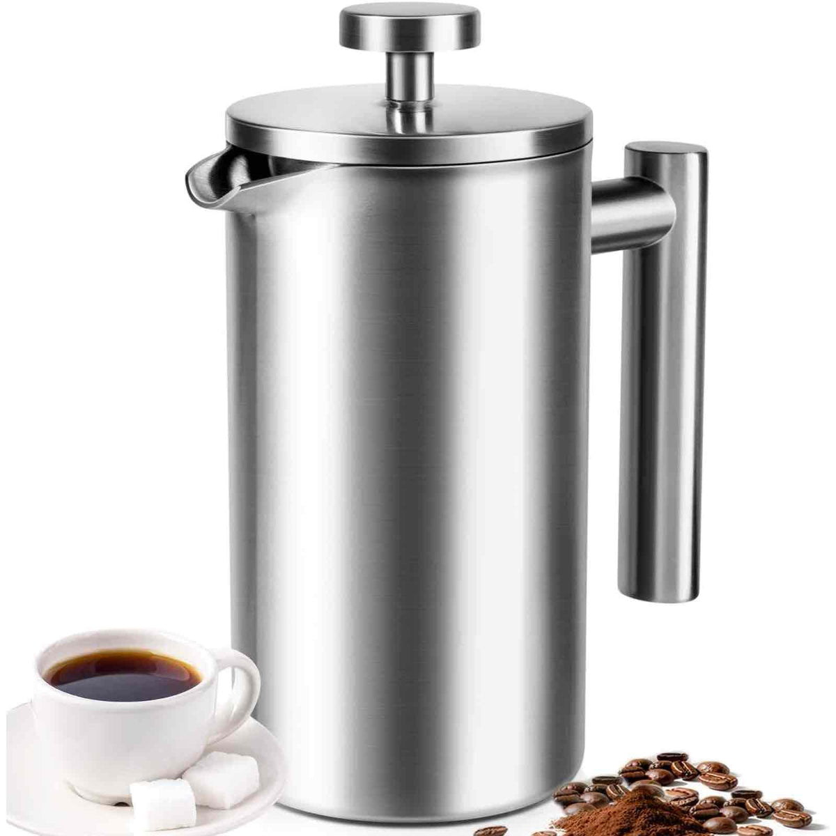 AgcKuzt French Press 34oz shows a durable stainless steel body for hot coffee