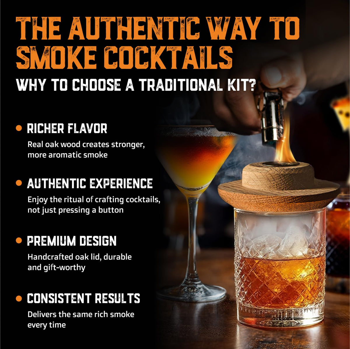 Aged and Charred smoker lid fits rocks or glasses for versatile smoking.