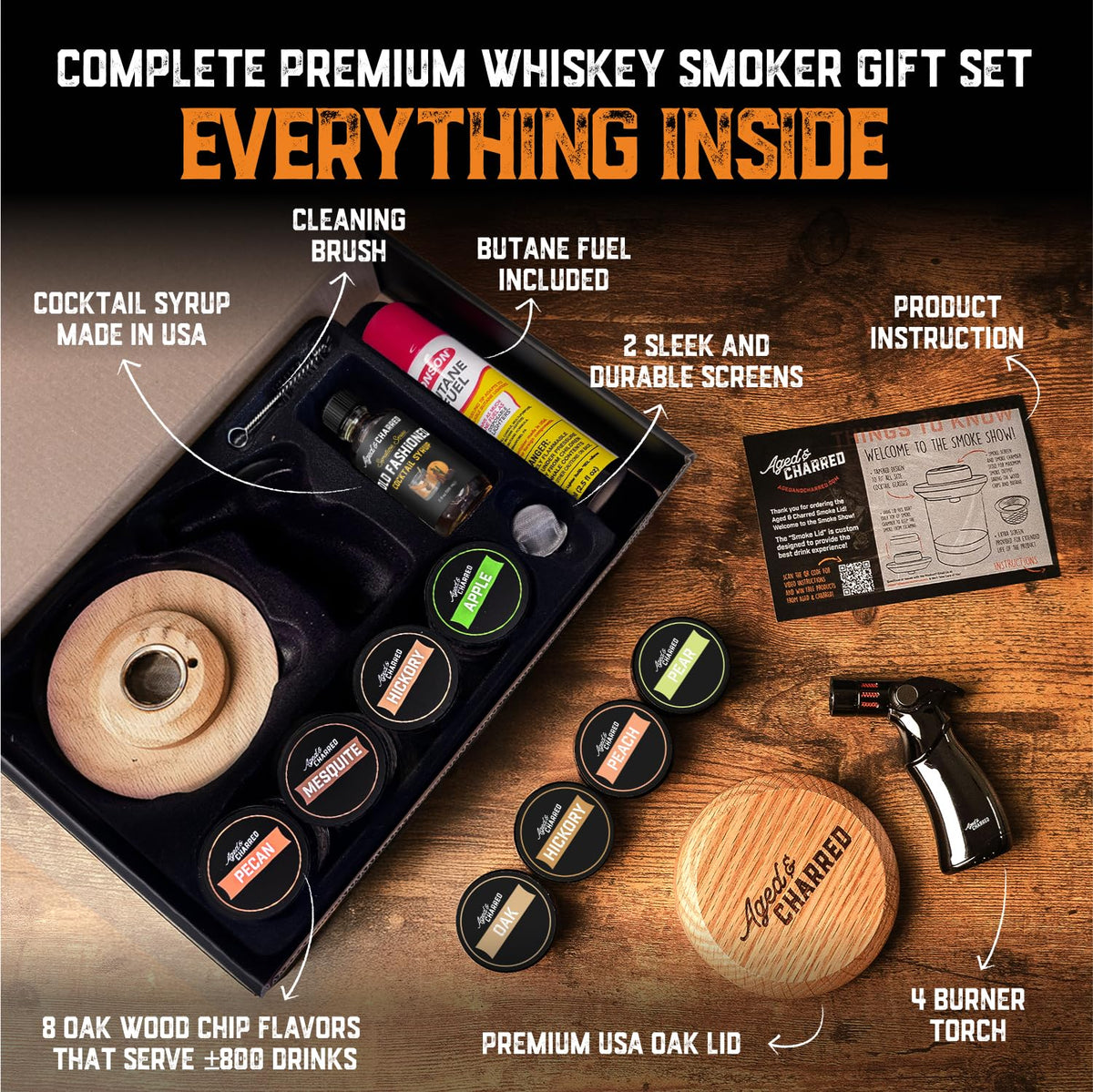 Aged and Charred stainless screens ensure even smoke distribution.