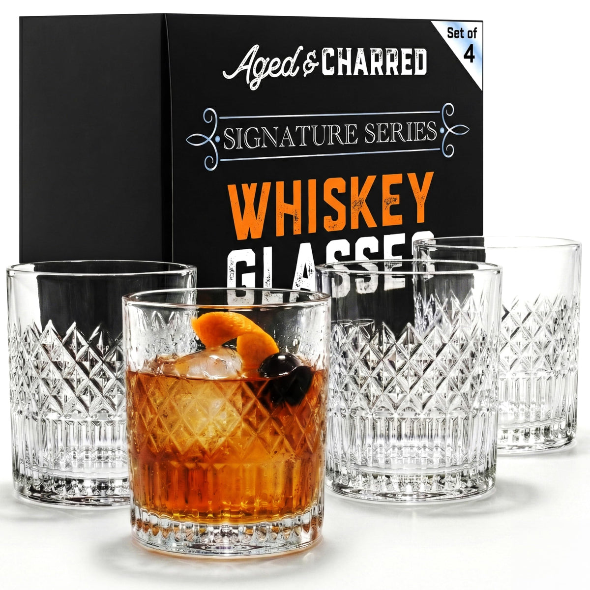 Aged and Charred lead-free crystal glasses with heavy base for stable, refined sips.