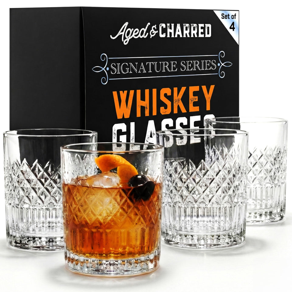 Aged and Charred lead-free crystal glasses with heavy base for stable, refined sips.