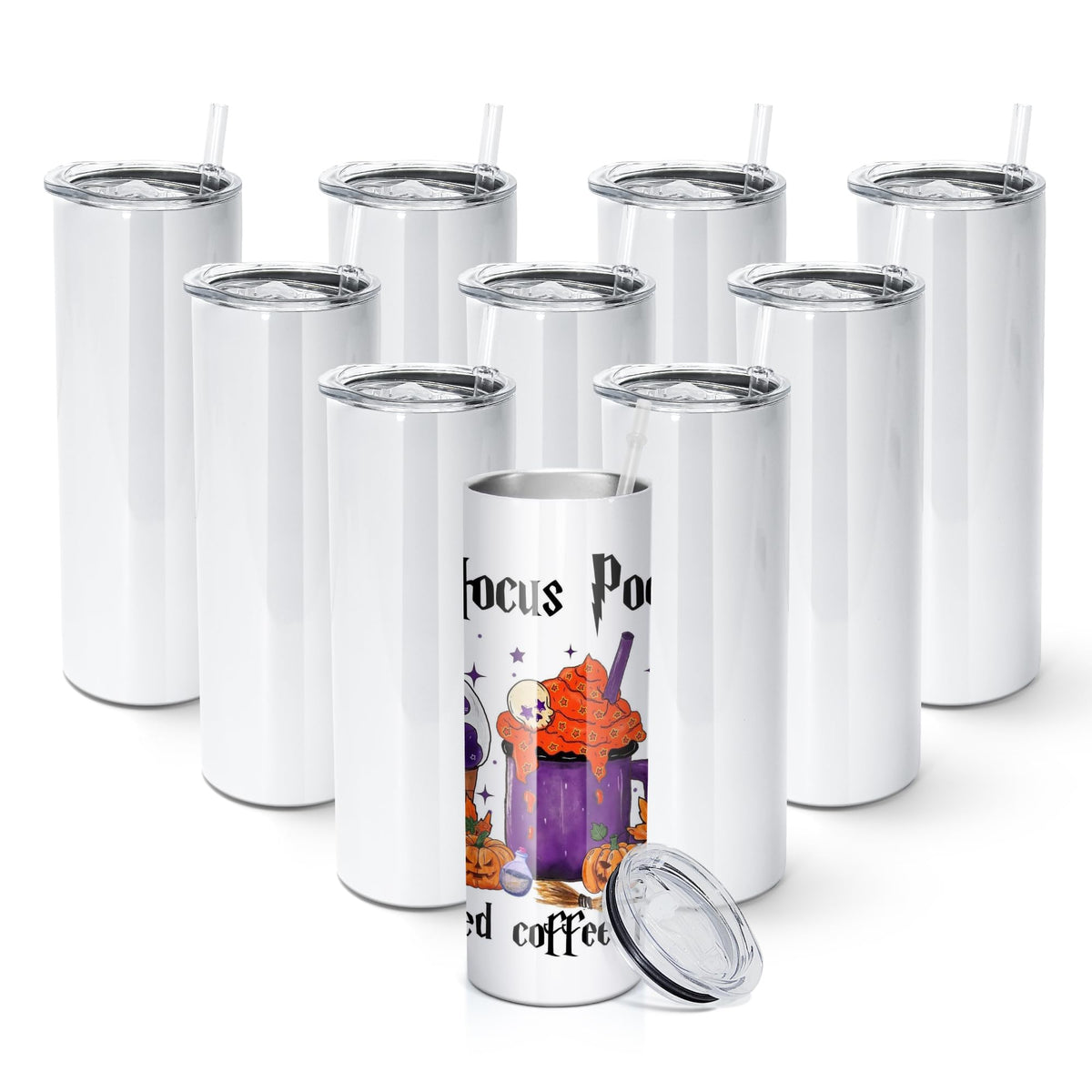 AGH 10-pack sublimation tumblers 20oz straight with lid, ideal for wrap-around prints.