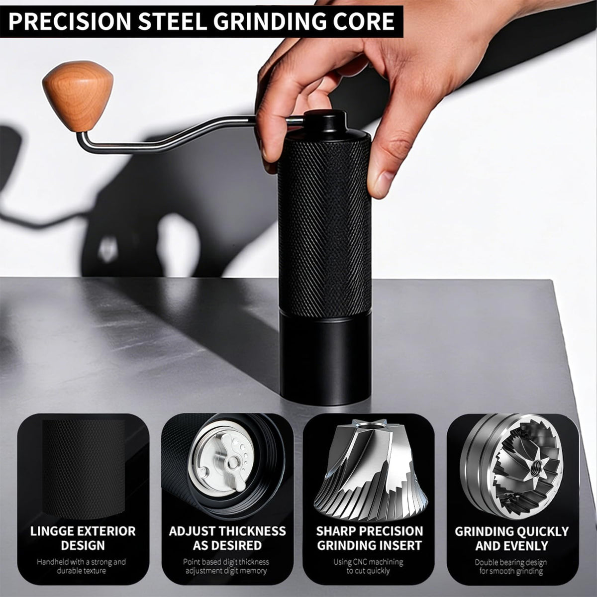 Agilive 38mm stainless steel burrs deliver consistent grounds for espresso and filter brews.