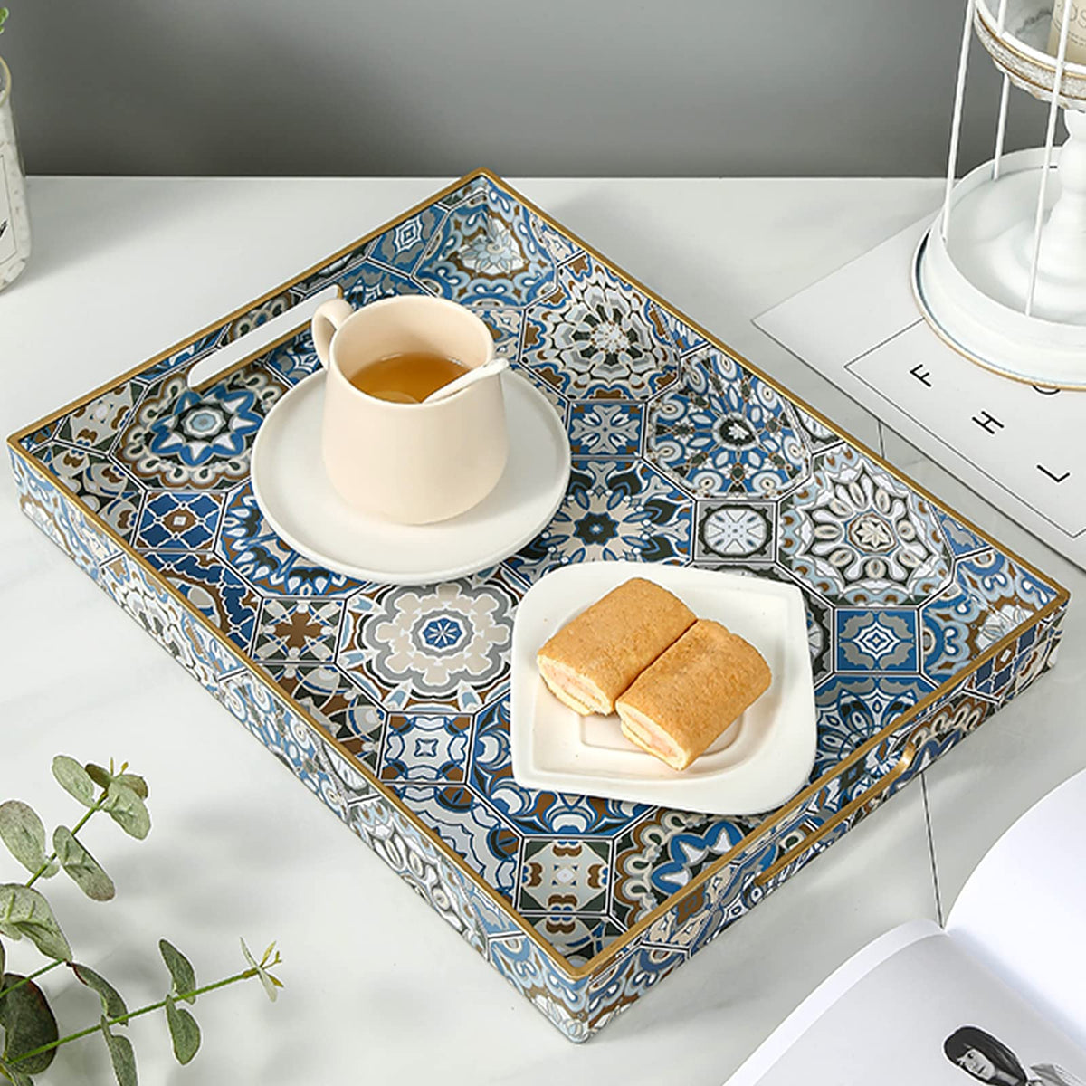 AGIOTA boho coffee table tray with handles for stylish serving.