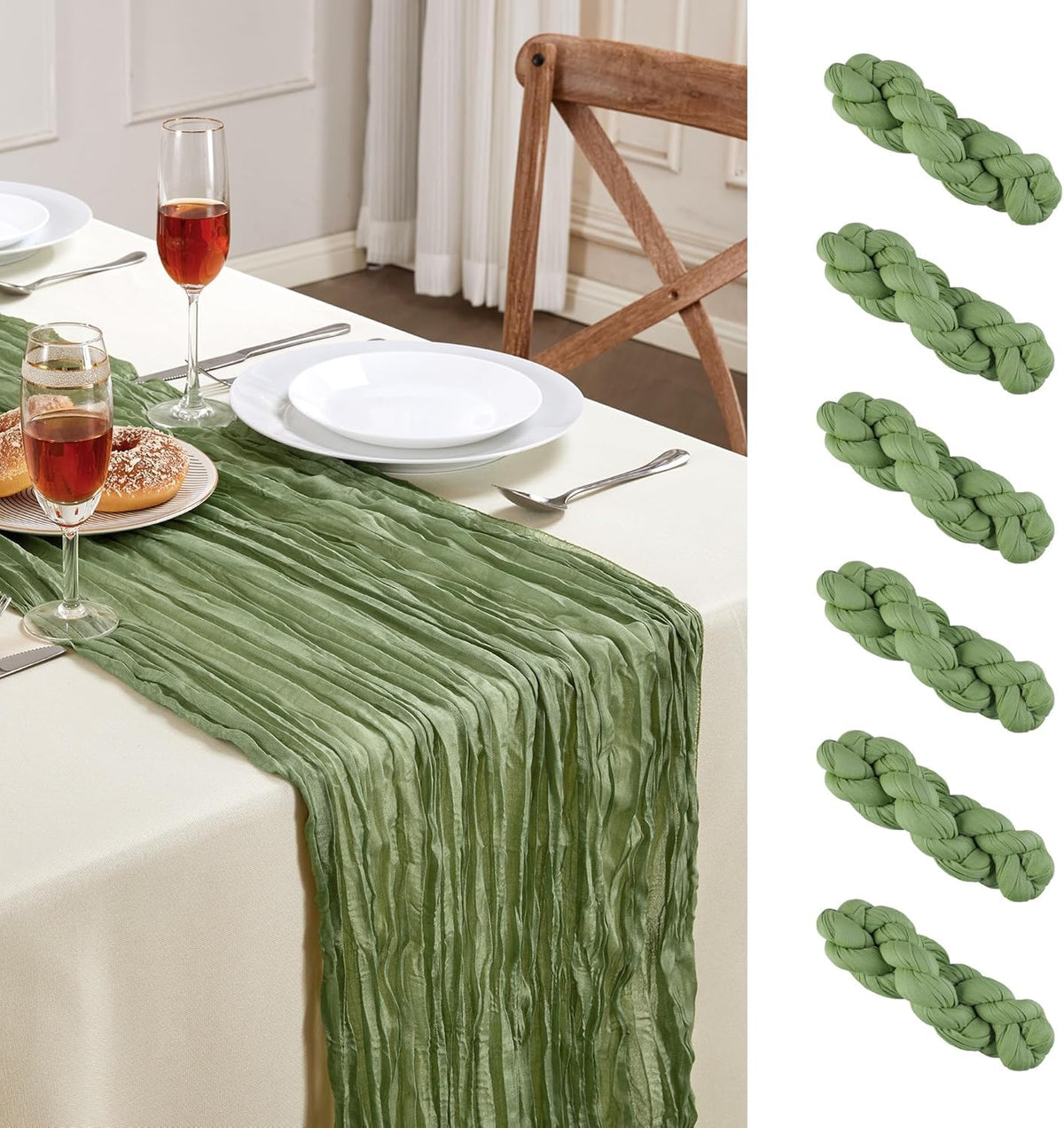 AGIRL sage green cheesecloth table runner set laid out for an elegant display