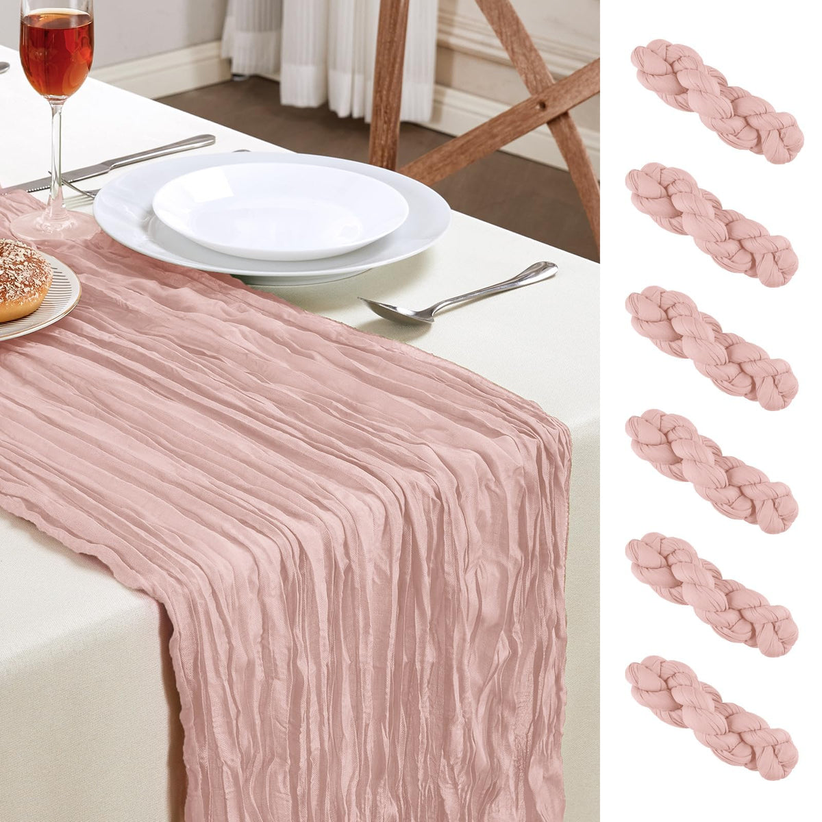 AGIRL dusty pink cheesecloth table runner on a long banquet table, adding romantic charm.