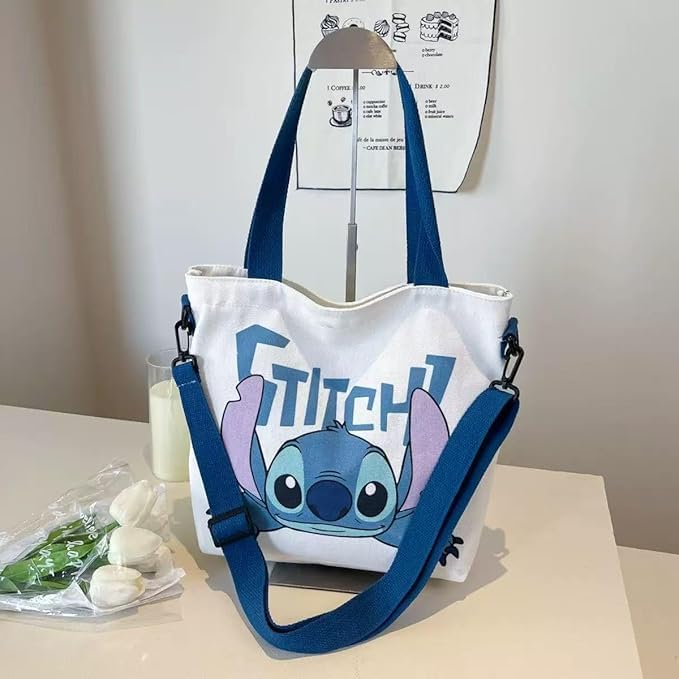 AGOODTO Cute Cartoon Stitch Tote Bag side view highlights comfortable shoulder carry.