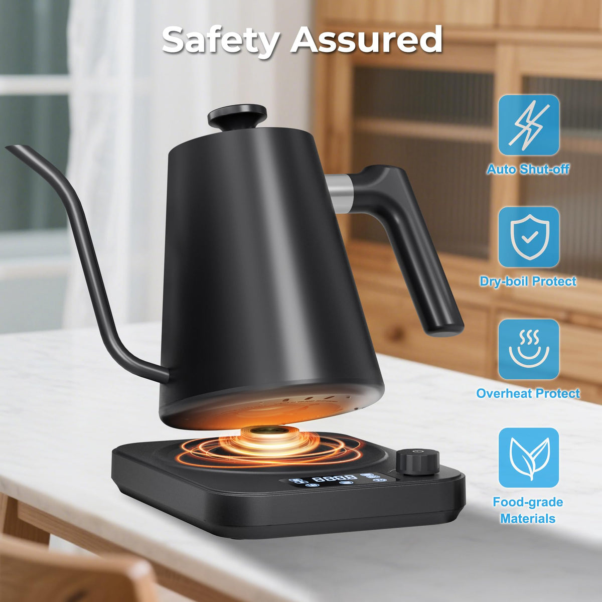 AGORVIO safety features including auto shut-off and boil-dry protection