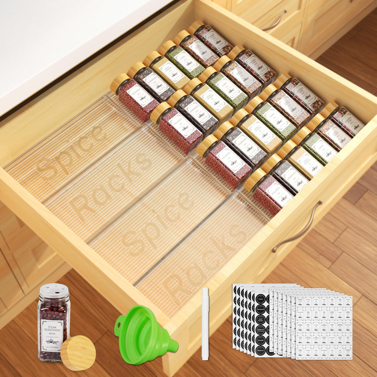 Agotglmi 24 spice jars in a drawer organizer, neatly displayed and accessible