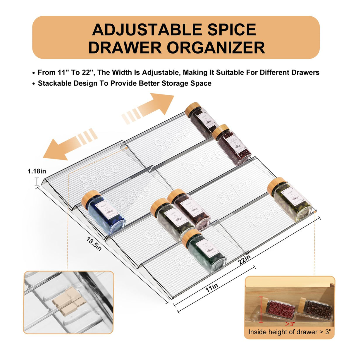 Agotglmi expandable acrylic spice rack two tier setup adapts to your drawer