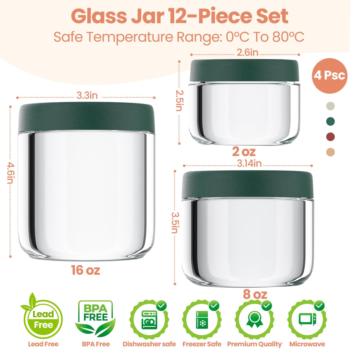 Agotglmi glass jars with lids in 16oz 8oz and 4oz sizes for secure storage.