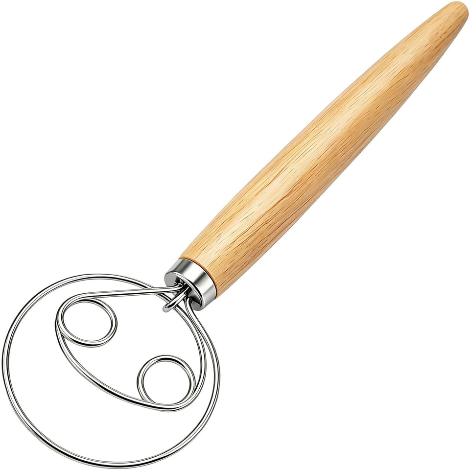Agttete Danish dough whisk with wooden handle, close-up showing ergonomic grip for comfortable kneading