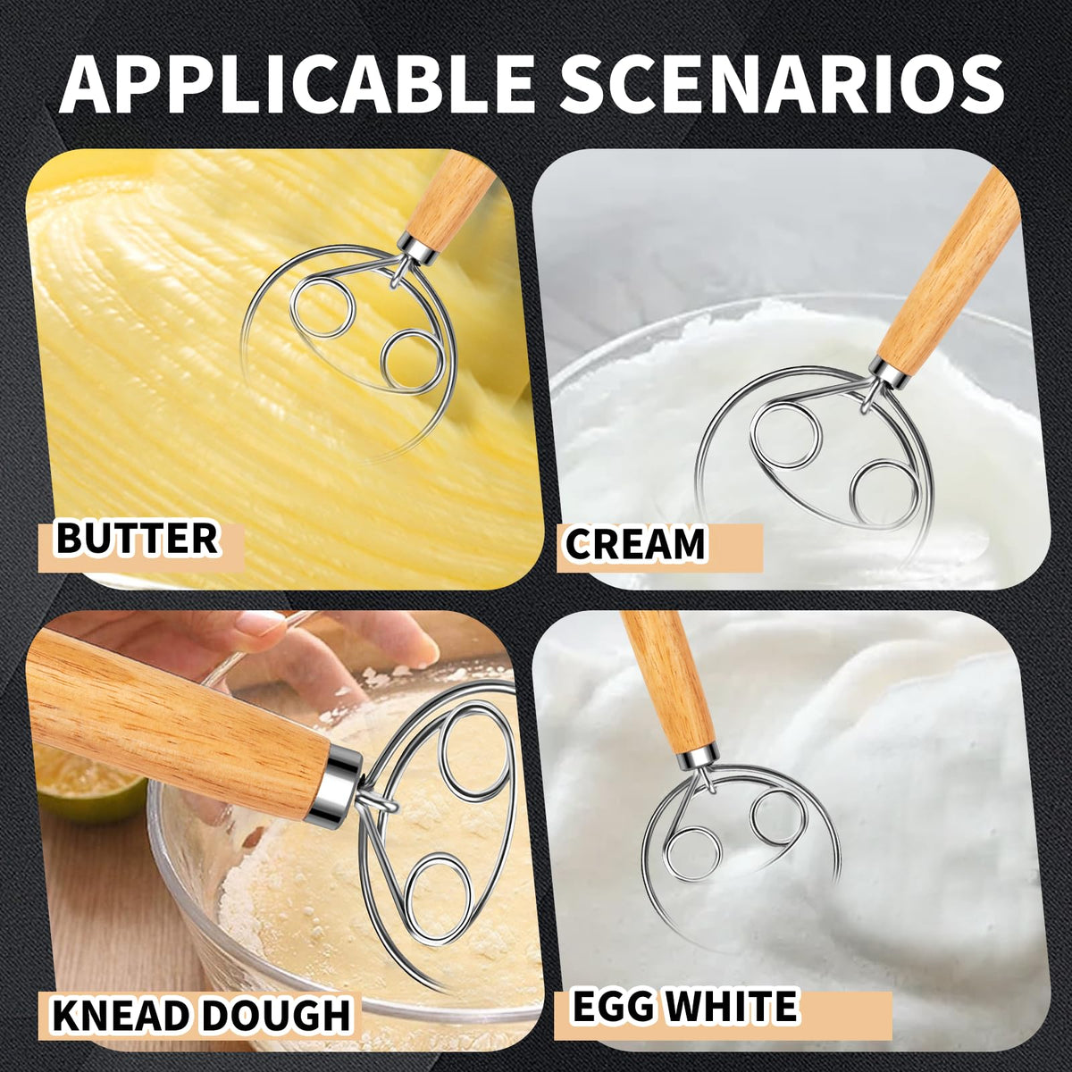 Agttete dough whisk used for pizza dough, illustrating versatile baking tool