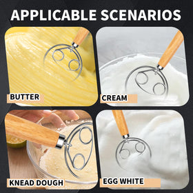 Agttete dough whisk used for pizza dough, illustrating versatile baking tool
