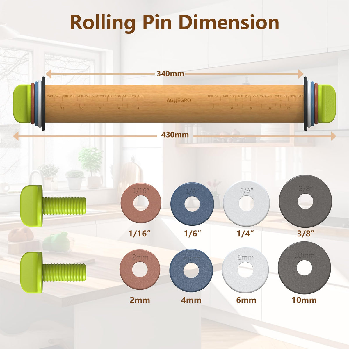 Engraved measurements on the Aguegro rolling pin for quick size reference.