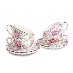 Agyiuns floral teacups with gold trim on white saucers for elegant tea service.