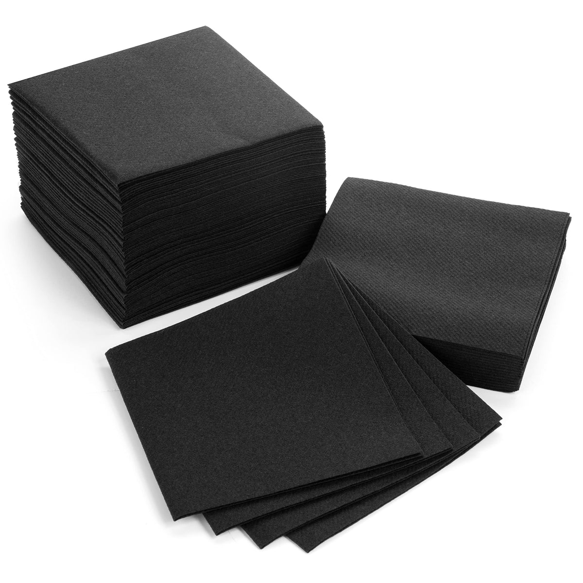 AH American Homestead black linen-like cocktail napkins, folded, for elegant entertaining.