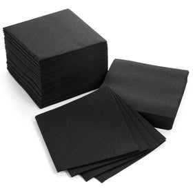 AH American Homestead black linen-like cocktail napkins, folded, for elegant entertaining.