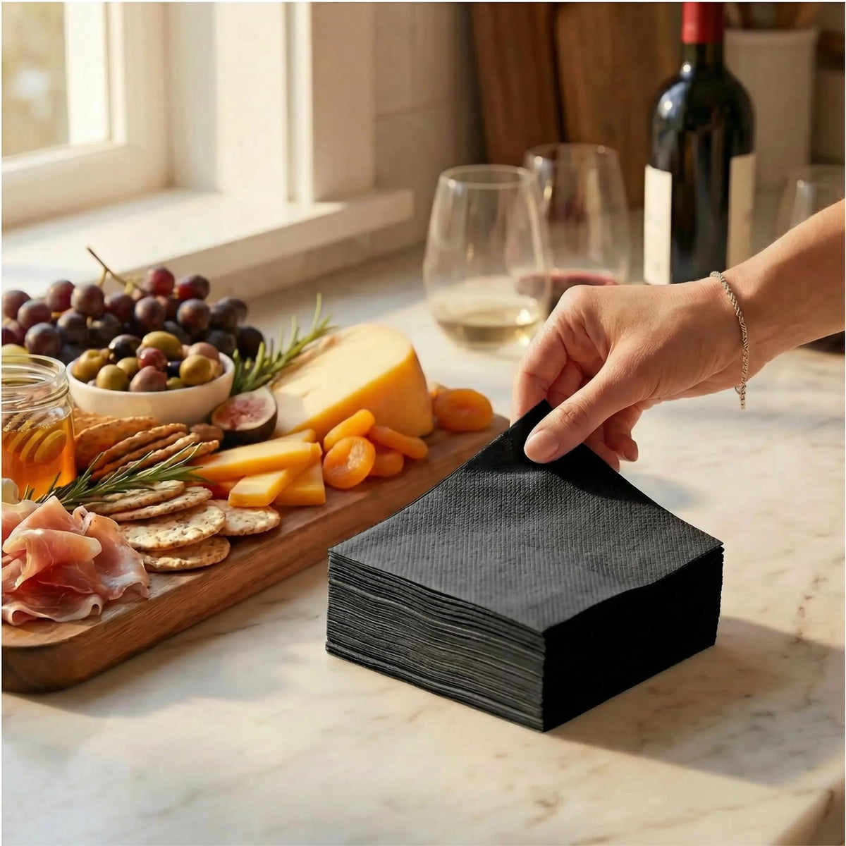 AH American Homestead black linen-like cocktail napkins, unfolded, premium texture for upscale gatherings.
