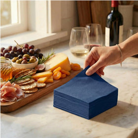AH American Homestead Navy Cocktail Napkins unfolded, linen-like texture perfect for refined entertaining.