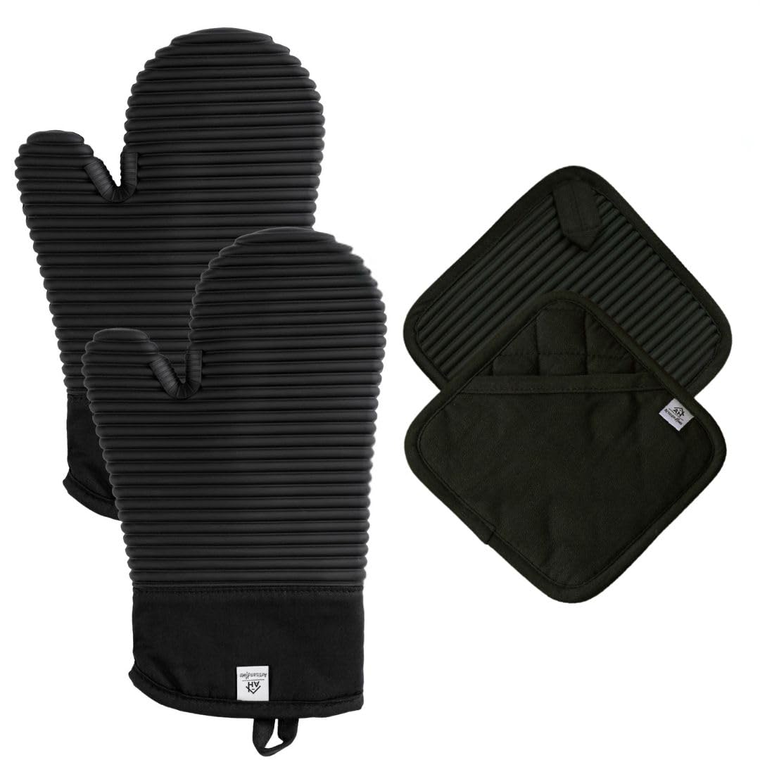 AH Artisan Home extra-long silicone oven mitts offer full wrist protection during high-heat cooking.