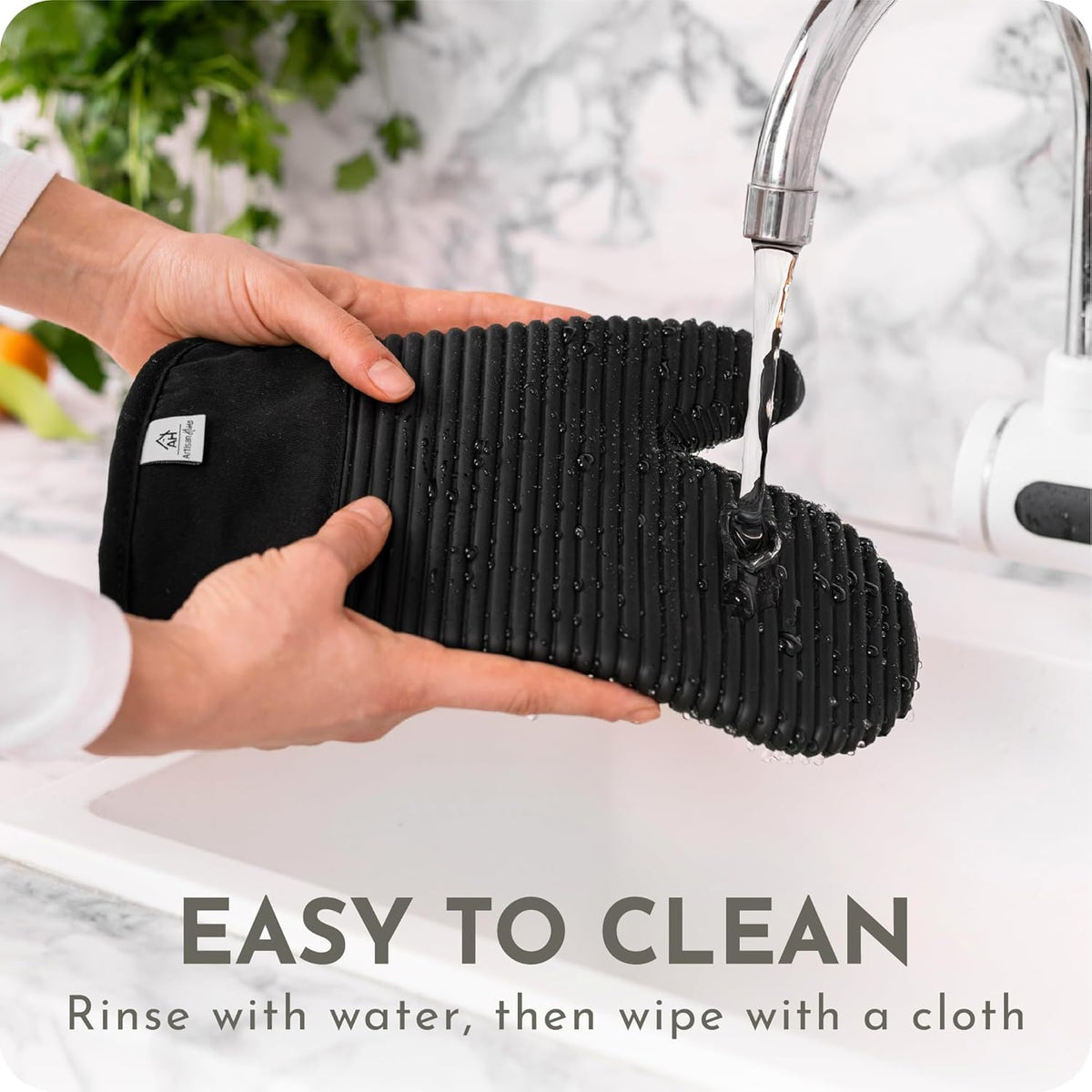 AH Artisan Home full-length wrist coverage mitts help prevent burns in busy kitchens.