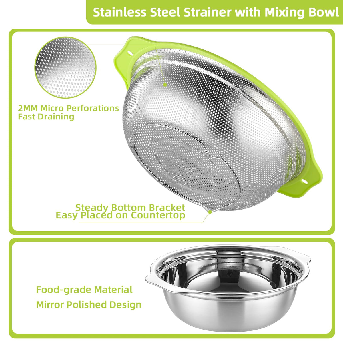 AHIABOAT colander with handle for secure pouring.