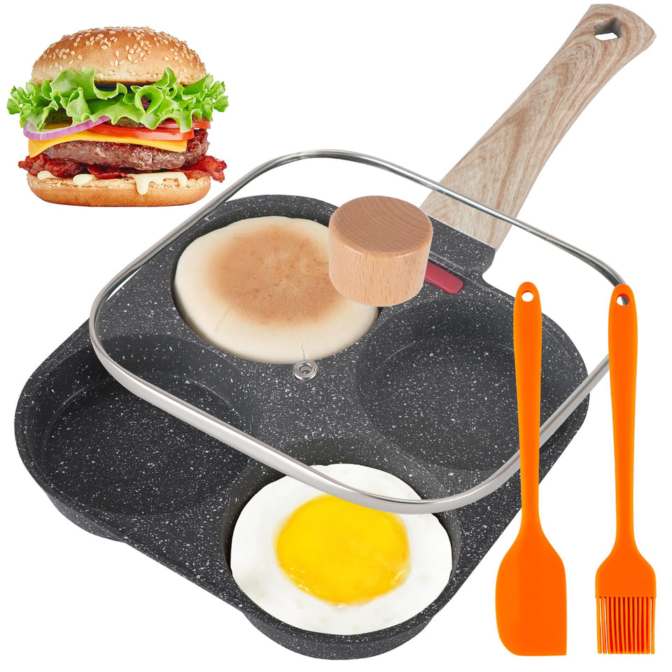 AHFLRITO 4-Cup Egg Pan with Lid for faster breakfast prep.