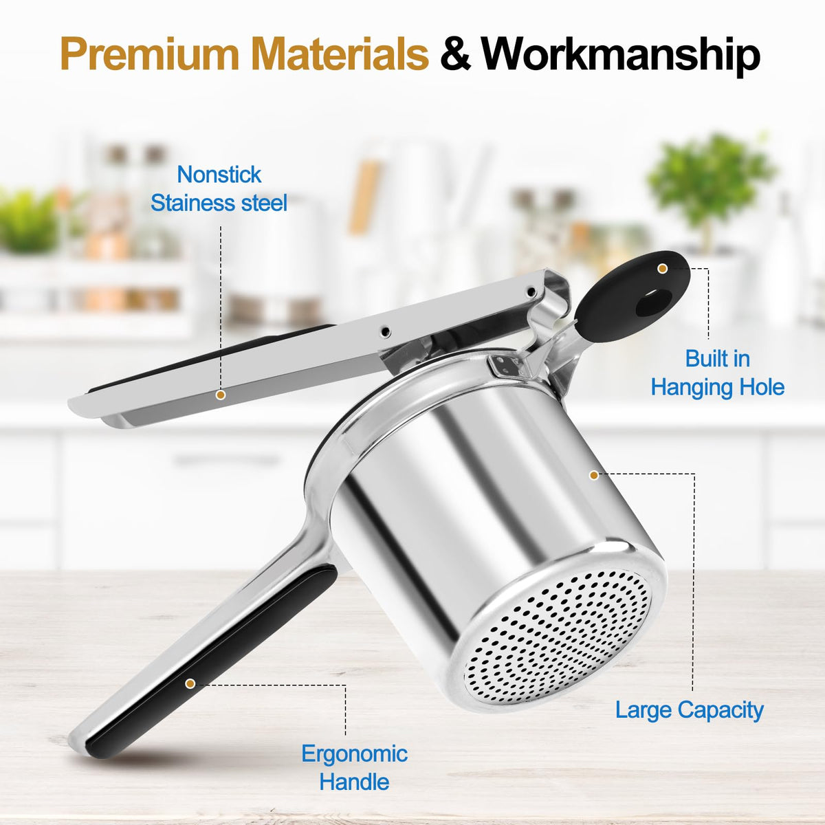 AHFLRITO ricer with ergonomic handles, designed for comfortable, effortless mashing.