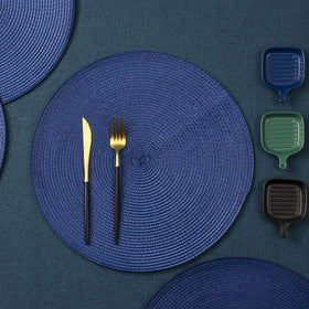 AHHFSMEI indoor dining setup showing navy placemats adding color and warmth