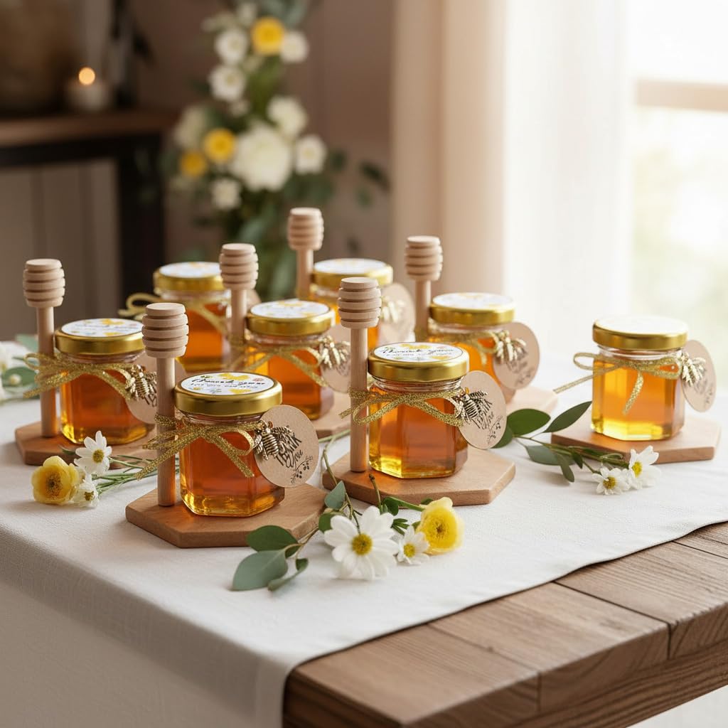 Ahhute bee pendants enhance bee-themed baby showers and favors.