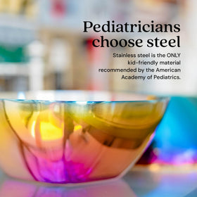 Ahimsa rainbow bowls titanium PVD finish preserves vibrant color.