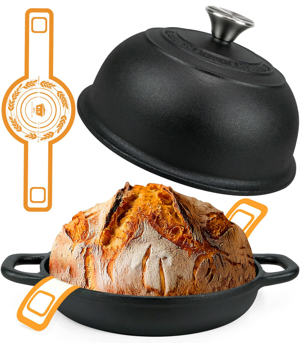 AHJ 5QT Dutch Oven with domed lid for ultra-crisp crust on sourdough.
