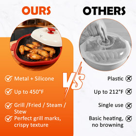 AHJ grease-splatter cover keeps surfaces clean while browning foods.