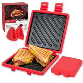 AHJ Microwave Sandwich Maker open-lid shows quick, even heat for warm, crispy sandwiches.