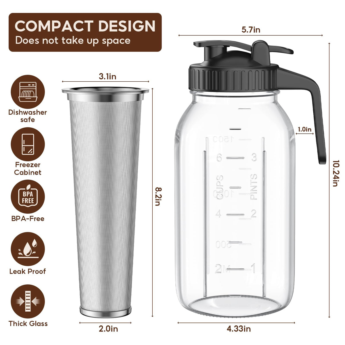AHOMSEL cold brew jar with leak-proof lid for secure fridge storage.
