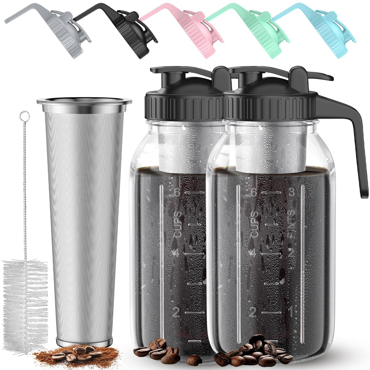 AHOMSEL two-pack 64 oz cold brew jar with handle for easy pouring.